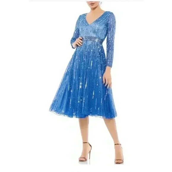 Mac Duggal Blue Embellished Long Sleeve A Line Midi Cocktail Dress-Size 4 - Picture 1 of 12